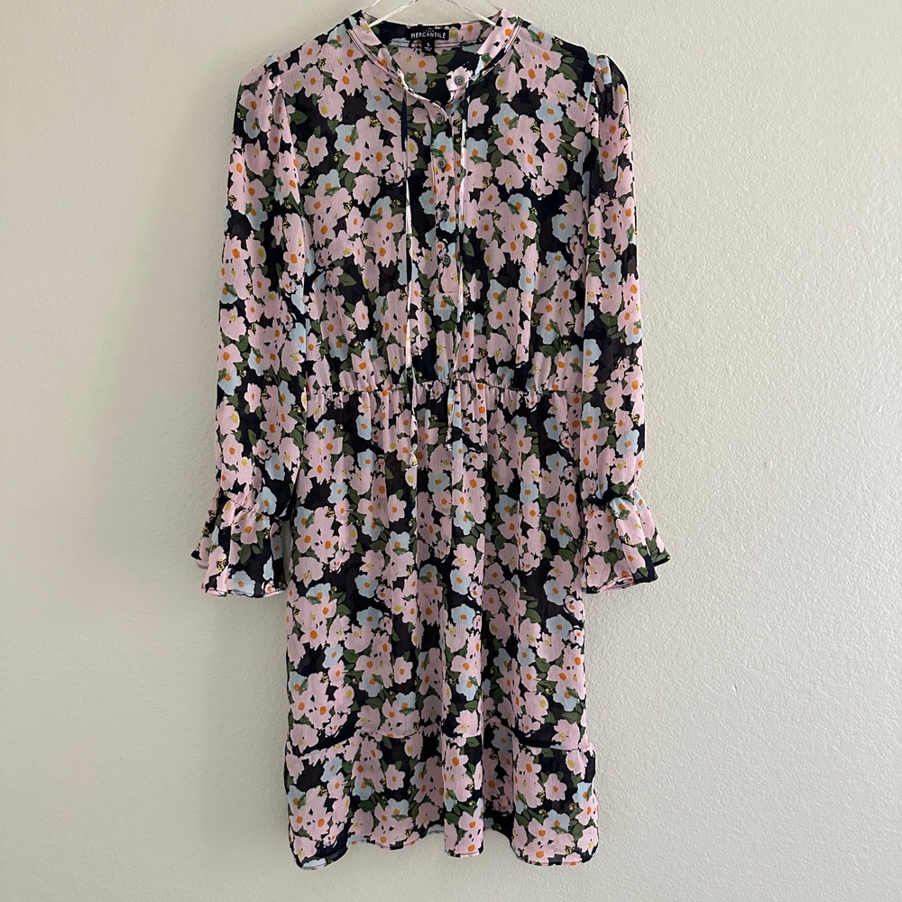 J.Crew Mercantile Mini Dress Womens Small Pink Floral Ruffle Long Sleeve Chiffon
